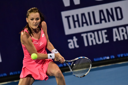Hua Hin Thailand - Jan 1 : World No.5 Tennis player Aginieszka Radwanska in World Tennis Thailand Championship 2016 Radwanska had win to Sara Errani 6-1,6-3 in final round on January 1,2016 at True Arena Hua Hin,Thailandのeditorial素材