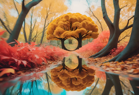 Autumn Landscape with trees and reflection in the lake. 3d renderingの素材