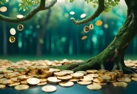 Investment concept, Coins in tree shape with green nature background, Money growthの素材