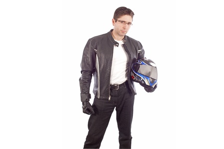 Biker with the helmet looking sharpの写真素材
