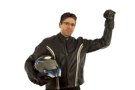 Biker with the helmet looking sharpの写真素材