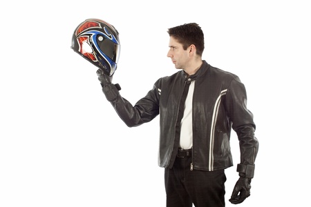 Biker posing with a helmetの写真素材