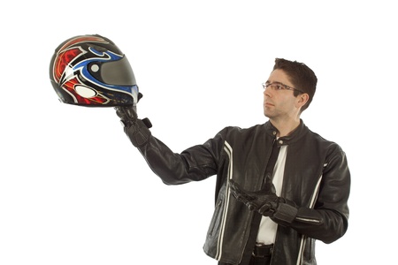 Biker posing with a helmetの写真素材