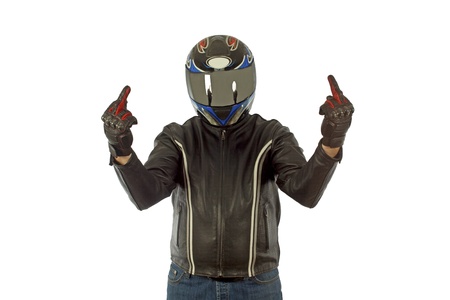 Biker expressing his protest by showing a middle fingerの写真素材
