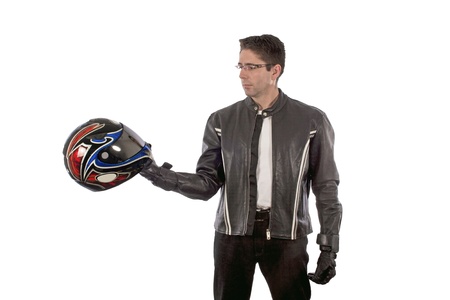 Biker with the helmet looking sharpの写真素材