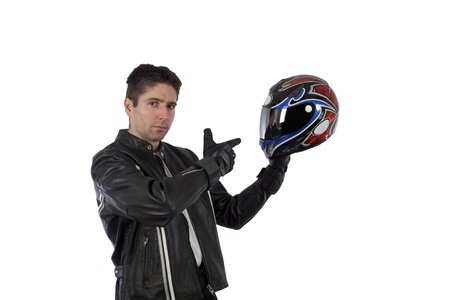 Biker holding helmetの写真素材