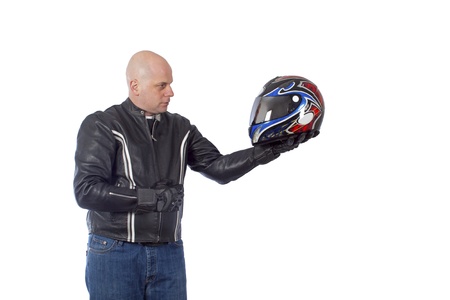 Biker with the helmet looking sharpの写真素材