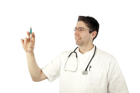 Doctor smiling and holding an injectionの写真素材