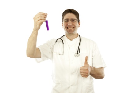 Doctor smiling and holding a test tubeの写真素材