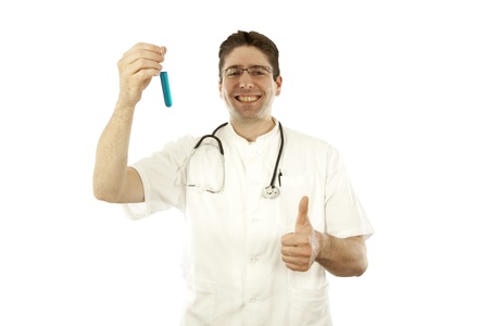 Doctor smiling and holding a test tubeの写真素材
