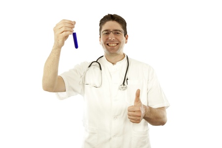 Doctor smiling and holding a test tubeの写真素材