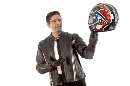 Motobiker holding a helmetの写真素材