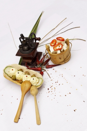 traditionally served in wooden plates in vintage styleの写真素材