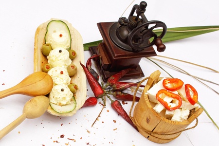 Cheese and kajmak traditionaly served in wooden plates in etno styleの写真素材