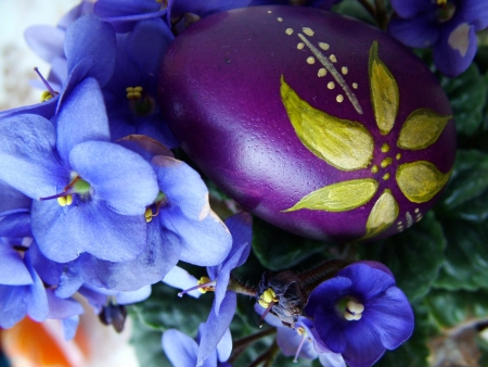 Beautiful painted easter egg on a colorful backgroundの写真素材