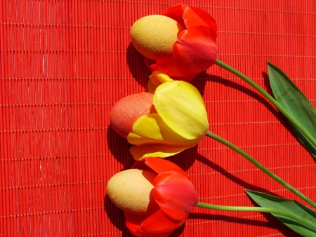Beautiful painted easter egg on a colorful backgroundの写真素材