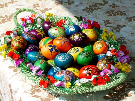A bunch of beautiful painted easter eggs in basketの写真素材