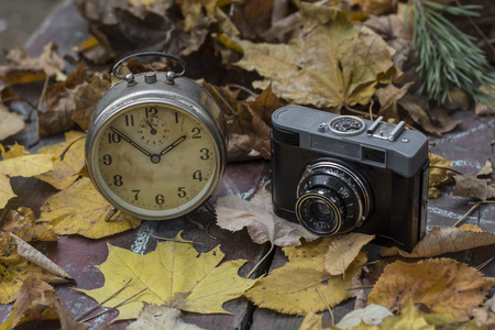 Old clock and camera on autumn leaves on wooden table on natural background