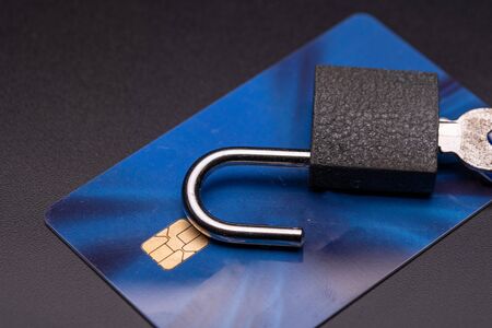 Close up of a credit or debit card for security background. Safety payments. Secure payments, money under protection - Account on card (mine) closed over years ago!!!の写真素材