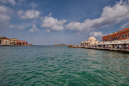 CHANIA, GREECE - OSTOBER 19, 2018 : Old Venetian harbour of Chania on Crete, Greece. Chania is the second largest city of Crete and the capital of the Chania regional unit.のeditorial素材