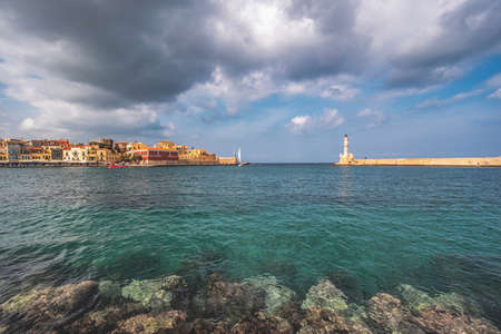 CHANIA, GREECE - OSTOBER 19, 2018 : Old Venetian harbour of Chania on Crete, Greece. Chania is the...
