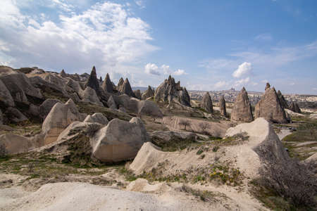 Goreme, Turkey - April 23, 2019: Rural Cappadocia landscape. Stone houses of Cappadocia.のeditorial素材