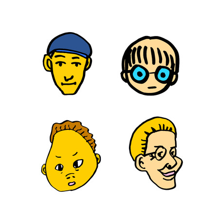 Set of cartoon hand drawn face illustrations with different expression.のイラスト素材