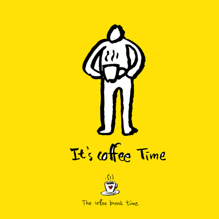 Cafe poster, sketchy coffee vector illustration with a man drinking coffee.のイラスト素材