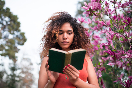 young afro woman reading a book in a garden, view from belowの写真素材