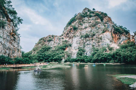 landscape bridge walkway mountains and blue sky nature fresh background, Khao Ngu Stone Park (Ratchaburi).のeditorial素材
