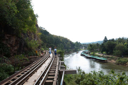 Train rideâs on Burmaâ railwayâ(The Deathâ-Railway)âin Kanchanaburi, Thailand.のeditorial素材