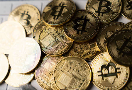 crypto currency business. golden bitcoin, conceptual image for crypto currency digital currency, bitcoinの写真素材