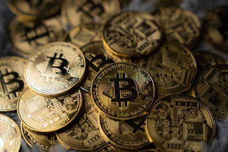 Currency business. golden bitcoin, conceptual image for crypto currency digital currency, bitcoinの写真素材