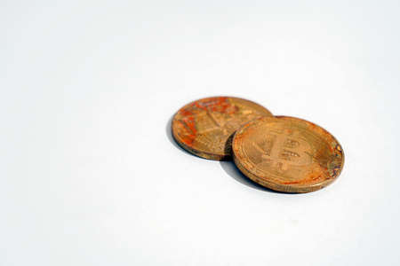 Close up old golden crypto currency business. bitcoin coin finance concept.