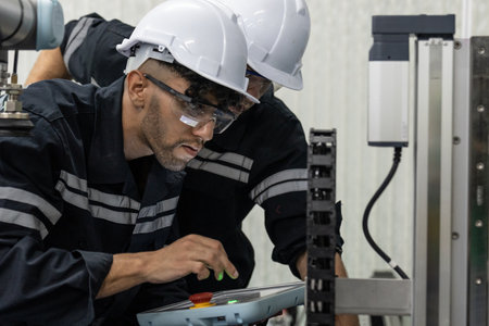 Two Diverse Professional Heavy Industry Engineers Wearing Safety Uniform and Hard Hats...