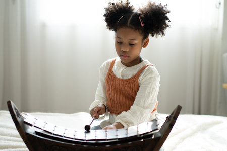 A little girl plays the xylophone in a music class. The child learns to play the xylophoneの写真素材