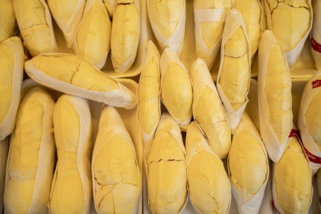 Close up of durian fruit for sale at the market in Thailandの写真素材