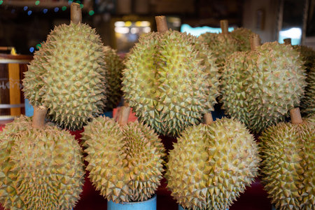 Durian fruit at street market, Thailand. Durian is the king of fruits.の写真素材