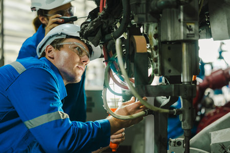 Mechanics working on the control panel of a machine in a factory