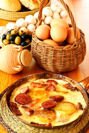 Omelet with potatoes, bacon and sausage            の写真素材