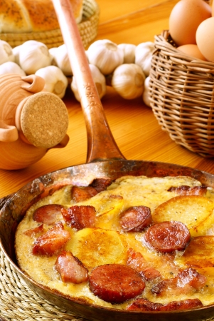 Omelet with potatoes, bacon and sausage               の写真素材
