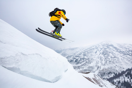 good skiing in the snowy mountains, Carpathians, Ukraine, good winter day, incredible ski jump, ski seasonの写真素材