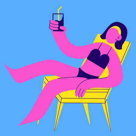 Girl bathing suit unbathing on a chaise lounge with a cocktailのイラスト素材