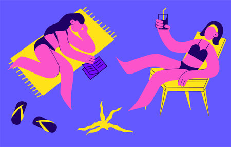 Cute girls in swimsuits sunbathing on the beach, vector flat isolated illustration. Happy women relaxing, reading a book, drinking a cocktail on a chaise lounge. Beach girls enjoying summer holidays.のイラスト素材