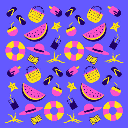 pattern summer vacation things for the beach. pattern set flat vector illustration isolated, beach...