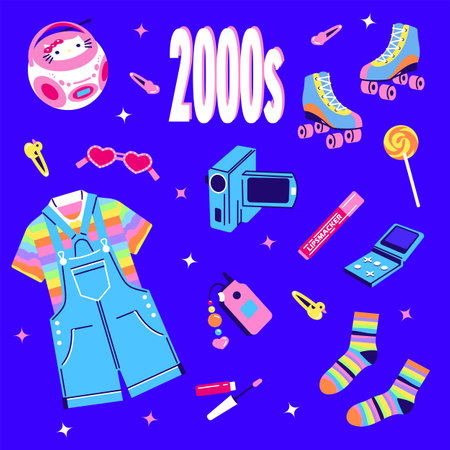 A collection of 2000s style womens clothing. Y2k fashionable hand drawn designs. A set of 00s style...