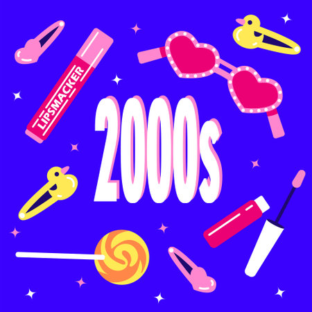 Cute set for a teenage girl in retro 00s 90s style. lipstick, heart shaped sunglasses, hairpins, lollipop. Y2k style glamor aesthetic. Flat set of hand drawn illustrations. A collection of fashion accessories from the 2000s. vectorのイラスト素材