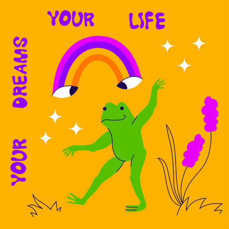 Retro 70s image of a frog with colors and rainbow. Print of the slogan Your dreams are your life with a dancing frog. Naive psychedelic vintage illustration.のイラスト素材