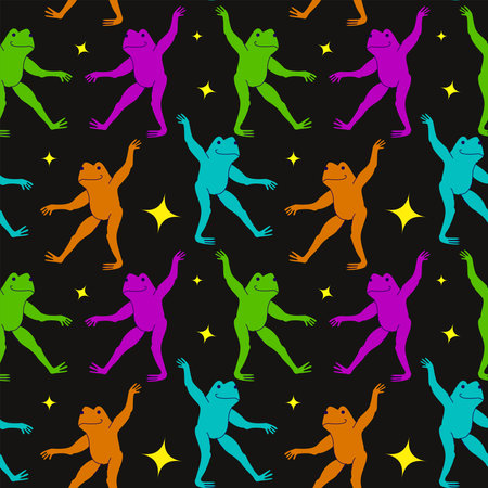 Seamless pattern cute green frog dancing among the stars. Funy animal character hand drawn trendy vector illustrationのイラスト素材