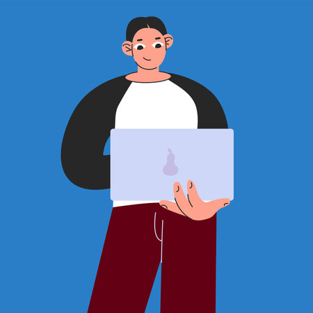 Young man holding a portable computer. Flat vector illustration isolated on blue backgroundのイラスト素材